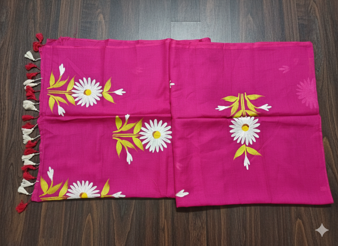 Pink fabric with floral patterns on a wooden surface