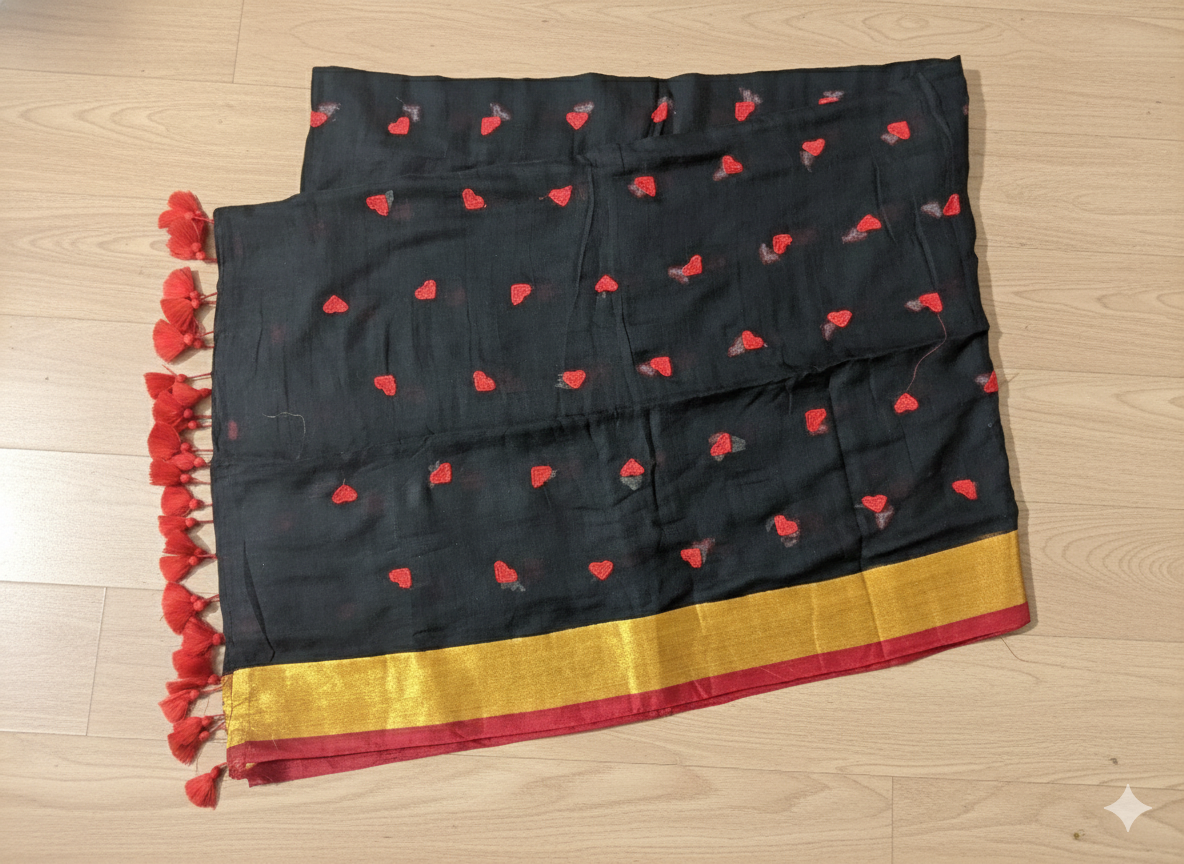 Black saree with red heart patterns and tassels on a wooden surface