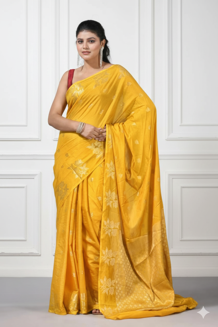 Premium Banarasi Raw Mango Silk Saree | Border Jaal Design