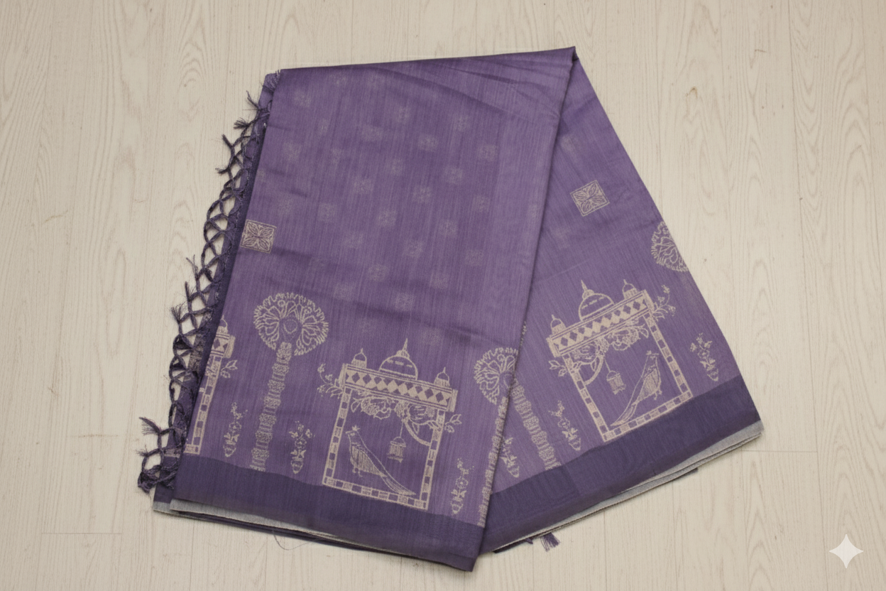 Purple saree with white patterns on a light wooden surface