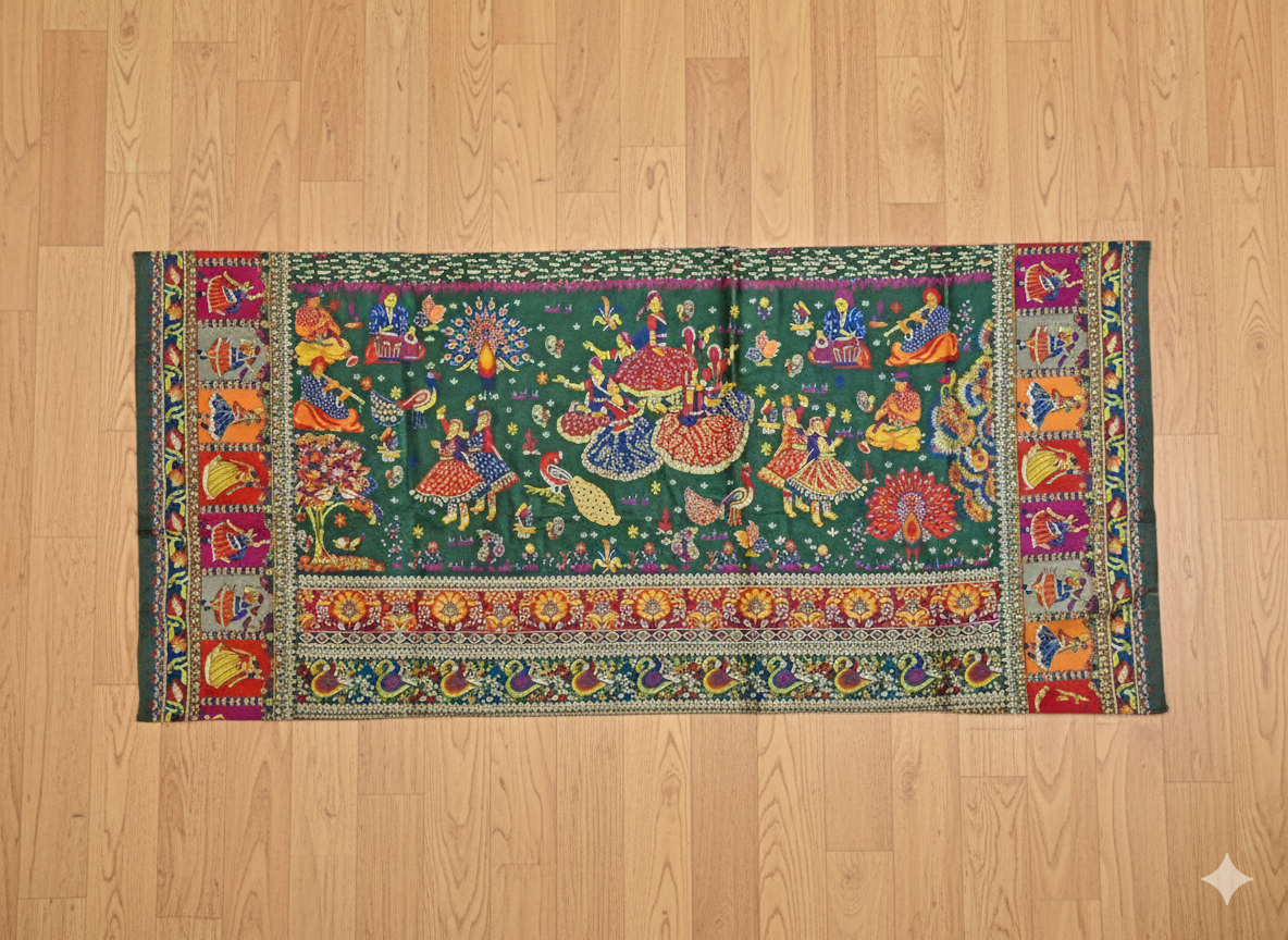 Decorative rug with colorful patterns on a wooden floor