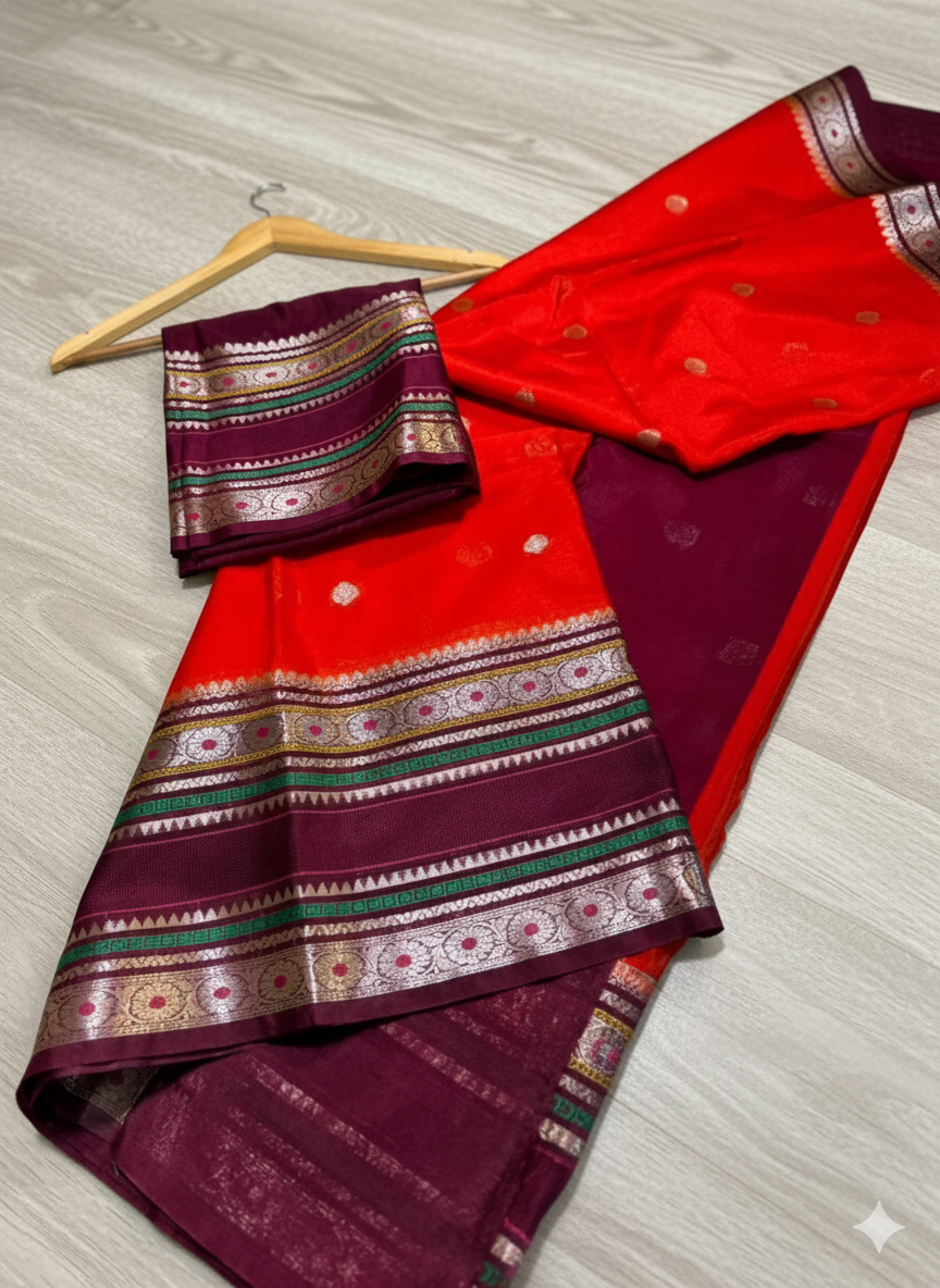Red and purple saree with intricate patterns on a light wooden floor.