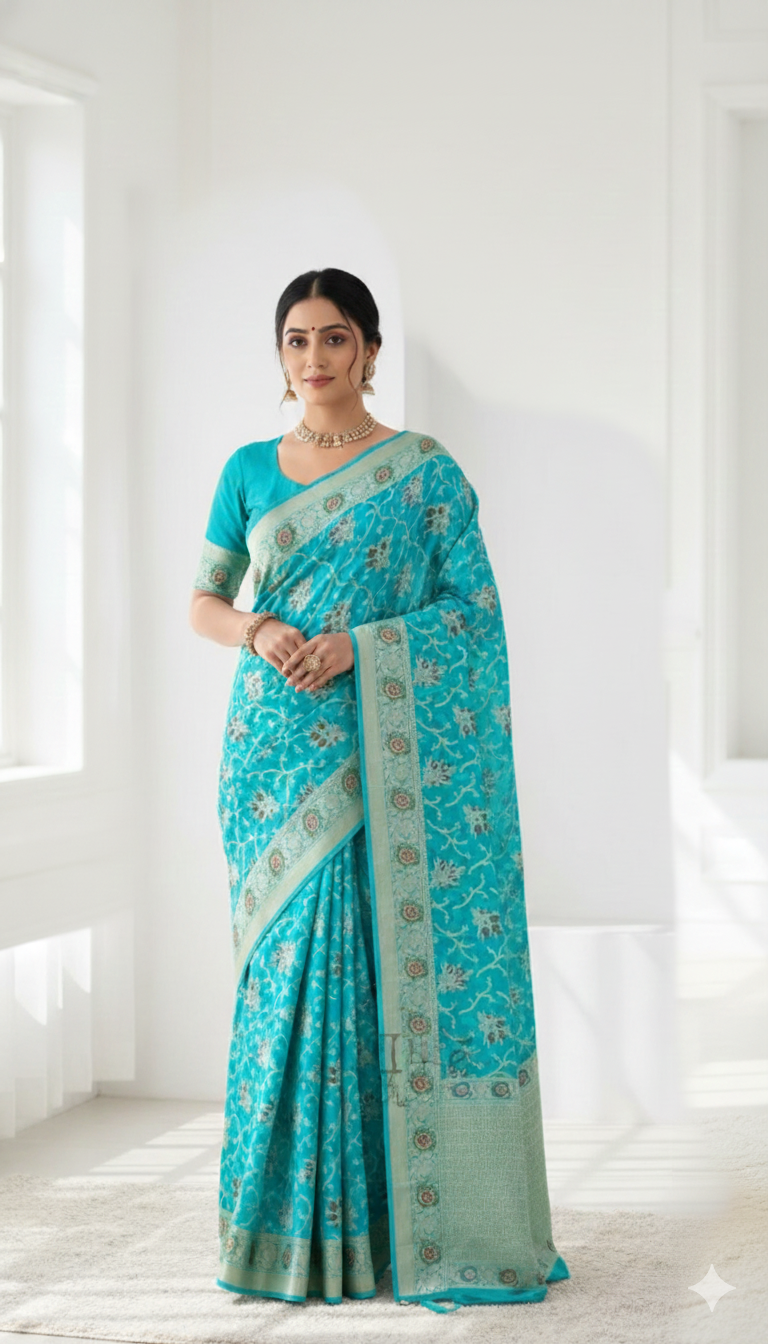 Woman wearing a turquoise saree with a white background