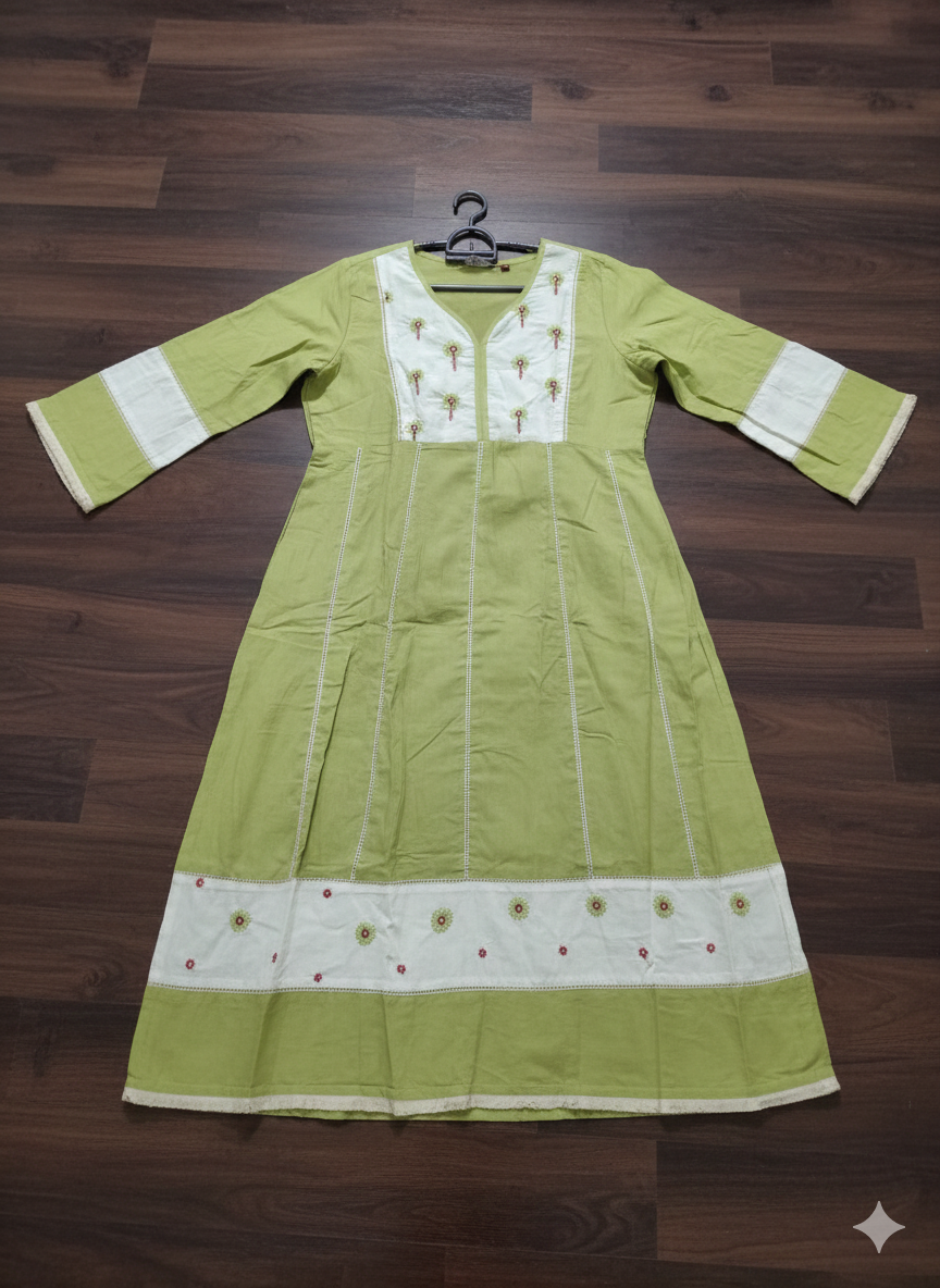 Womens Lime green Hand embroidered A line Kurta pant Dupatta set