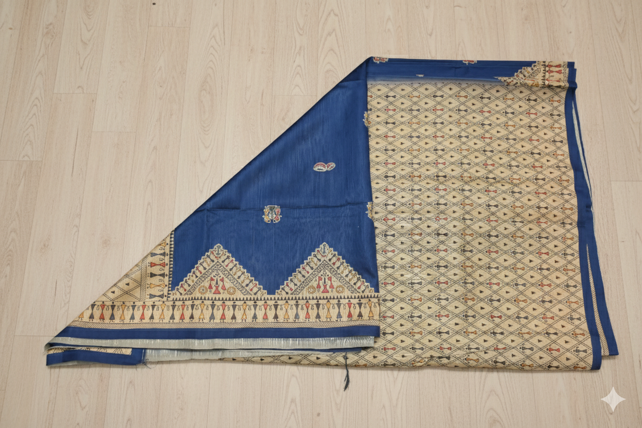 Traditional fabric with blue and patterned design on a wooden floor