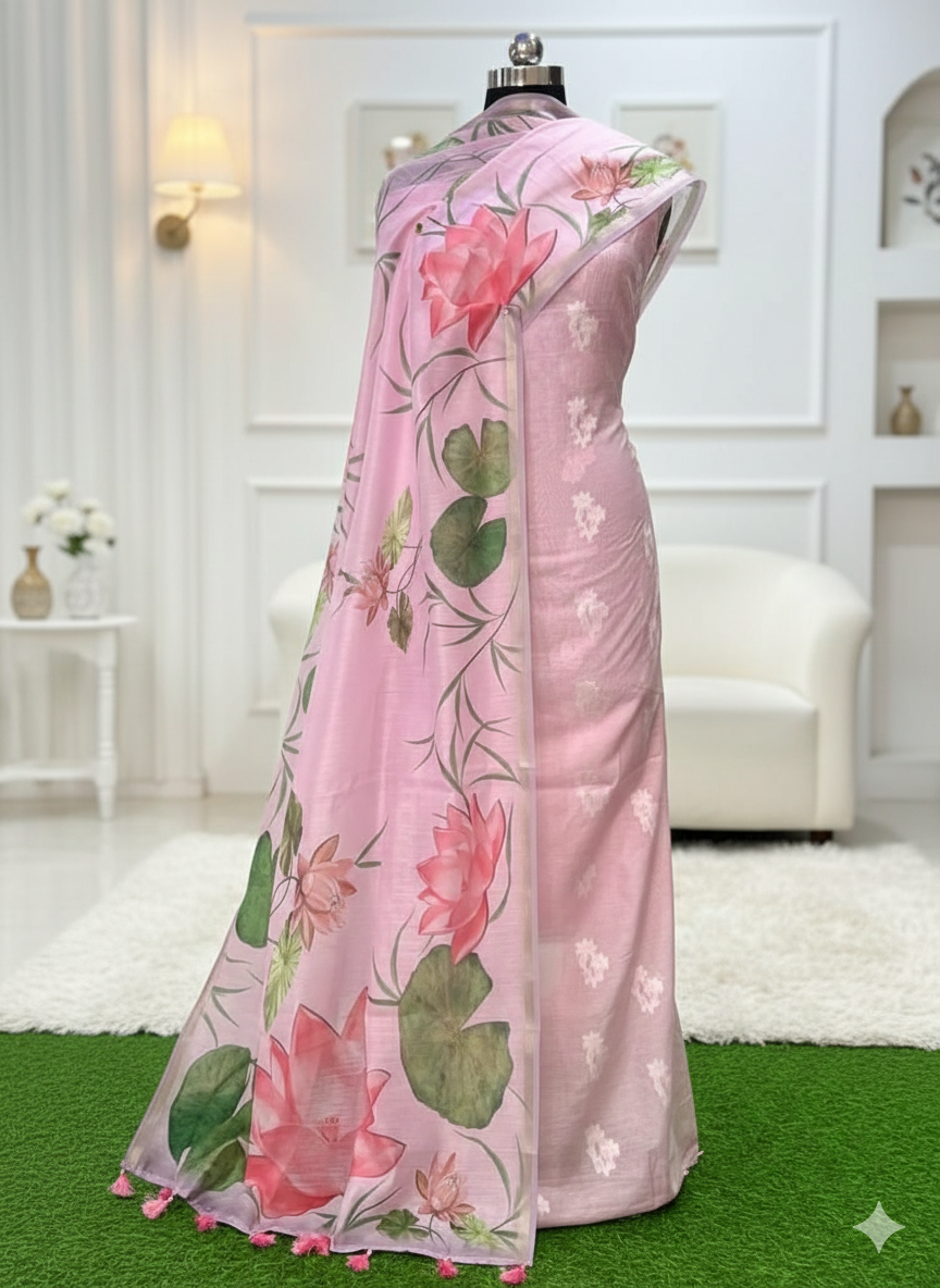 Pink floral dress on a mannequin against a white wall with decorative elements.