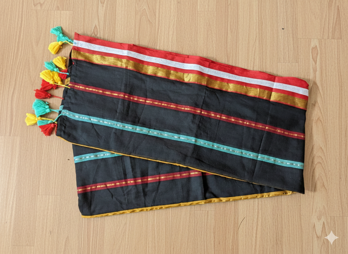 Black fabric with colorful stripes and tassels on a wooden surface