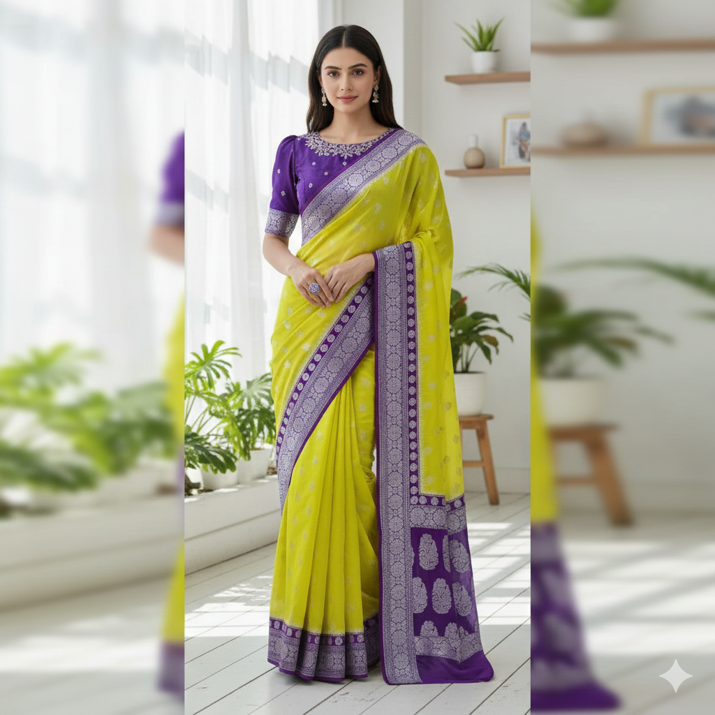 Woman wearing a yellow saree with purple border indoors