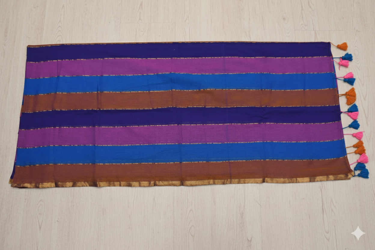 Striped fabric with tassels on a light wooden surface