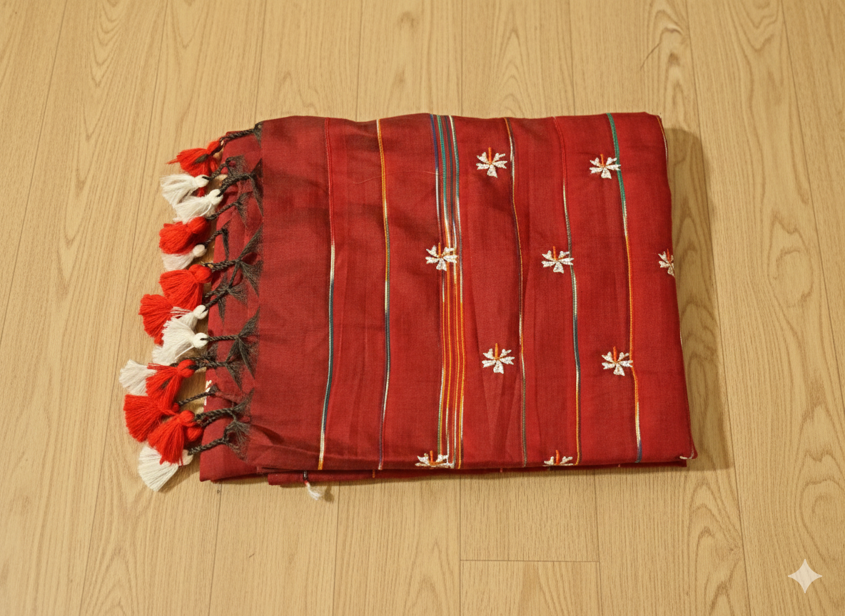 Red fabric with floral patterns on a wooden surface