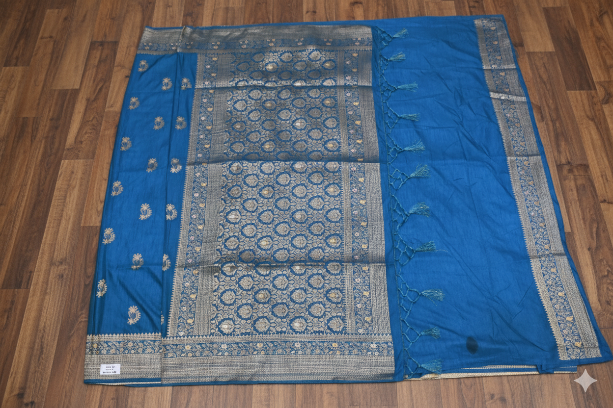 Blue and silver patterned fabric on a wooden floor