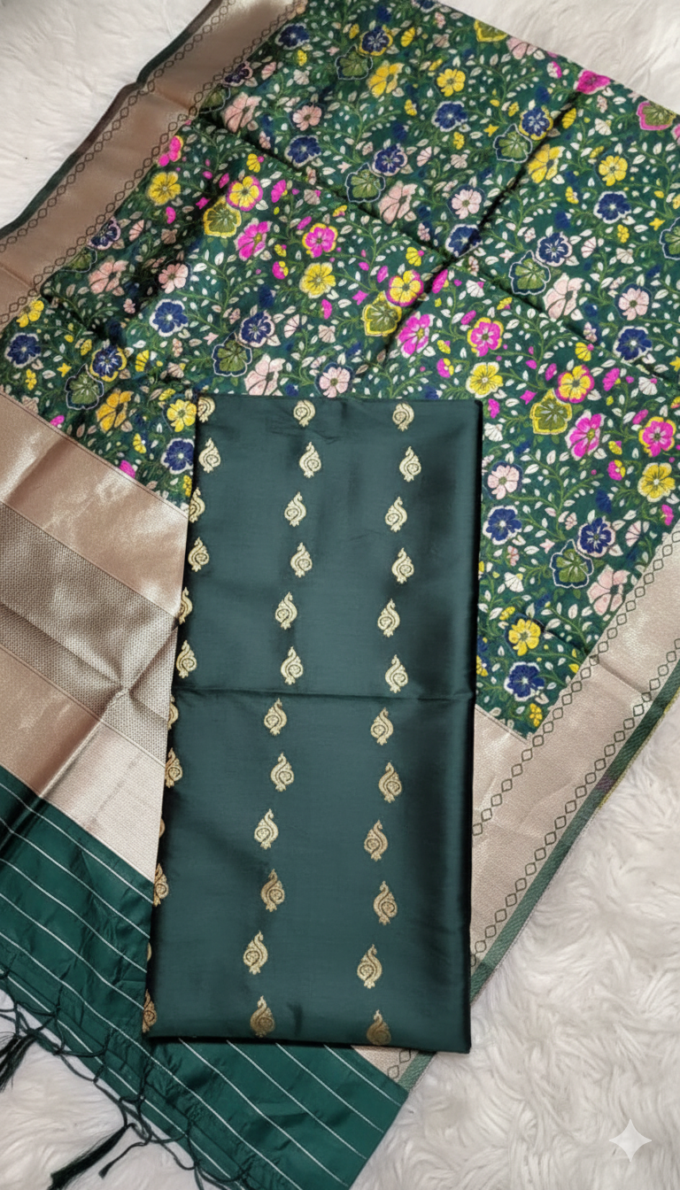 Green fabric with floral patterns and embroidered details on a textured surface