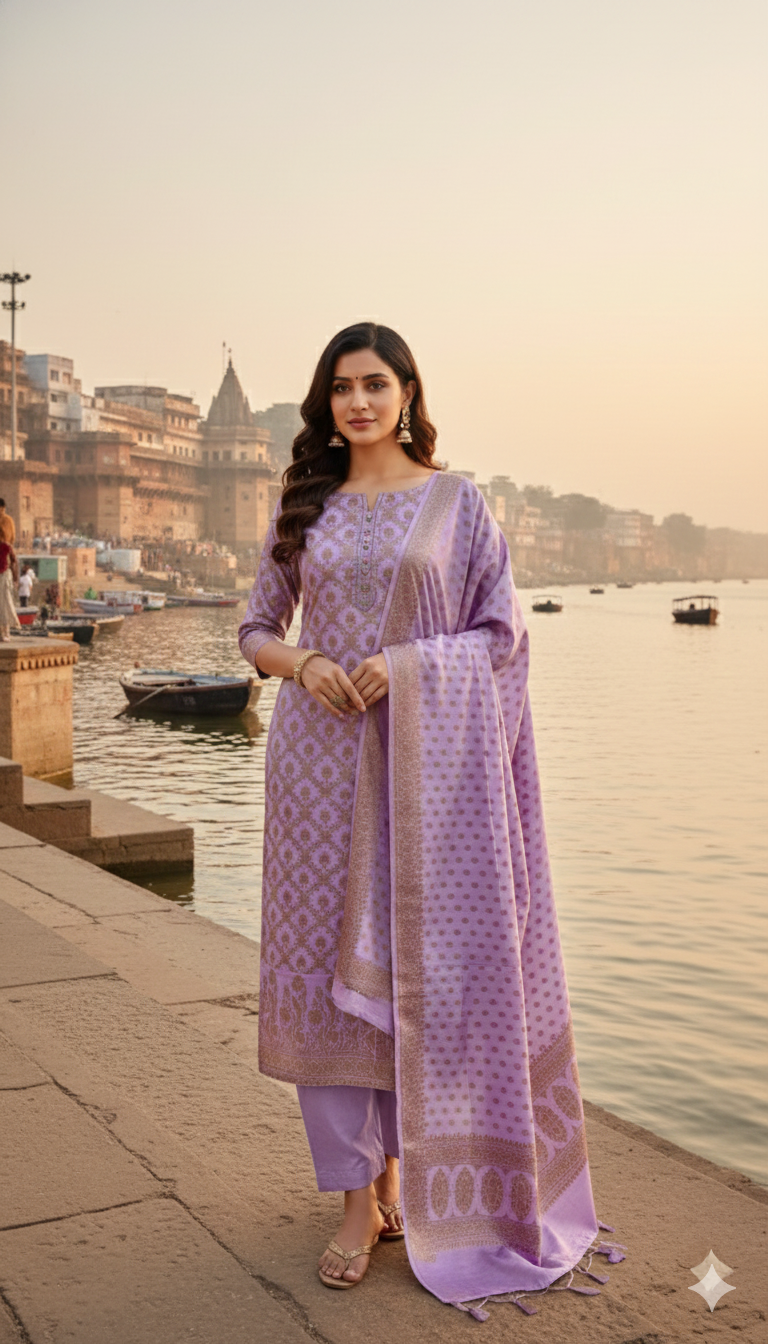 Woman in a lavender traditional outfit standing by a river with a cityscape in the background