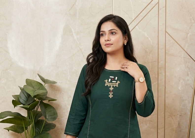 A-Line Cotton Kurti Palazzo Set with Embroidery & Mirror Work | Designer Ethnic Wear | Samkri House