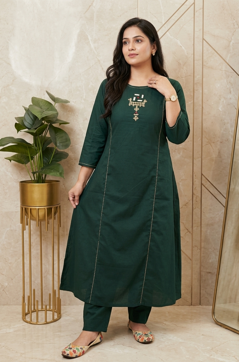 A-Line Cotton Kurti Palazzo Set with Embroidery & Mirror Work | Designer Ethnic Wear | Samkri House