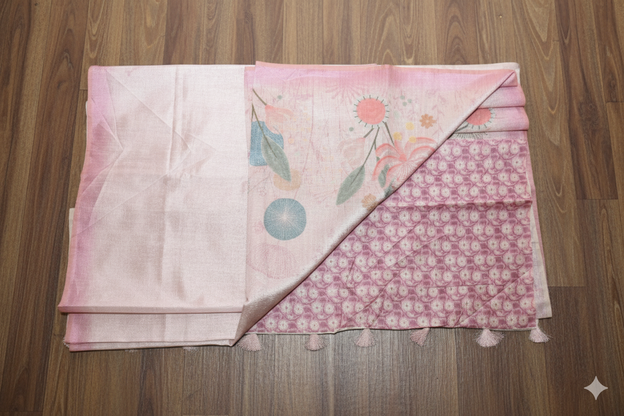 Folded pink fabric with floral patterns on a wooden surface