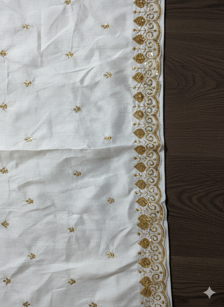 White fabric with gold embroidery on a wooden surface