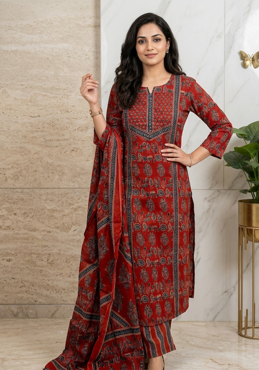 Designer Ajrak Pure Cotton Suit Set with Handwork