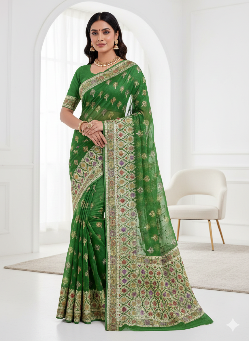 Woman wearing a green saree with a white background