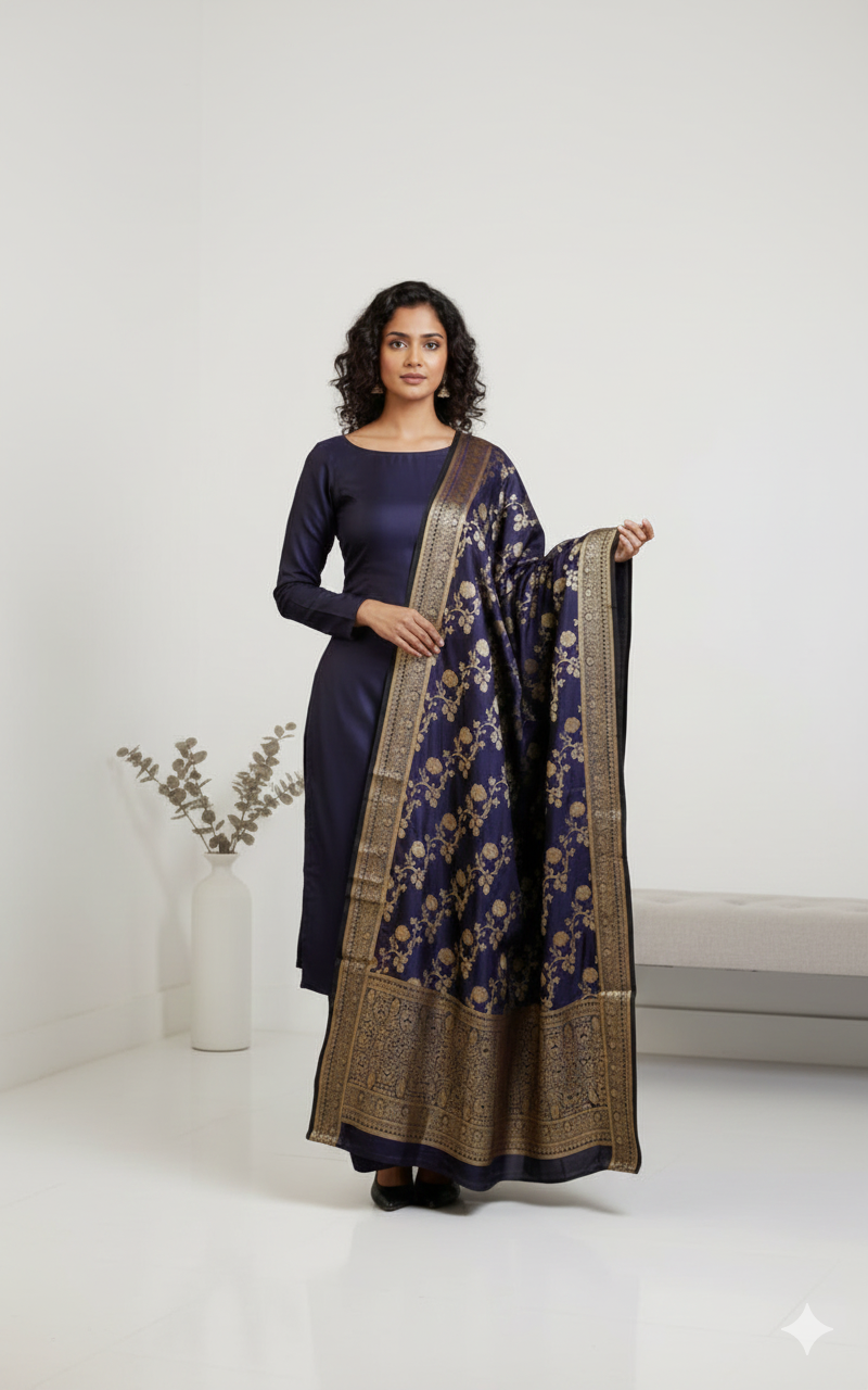 Woman holding a floral-patterned dupatta in a minimalistic setting