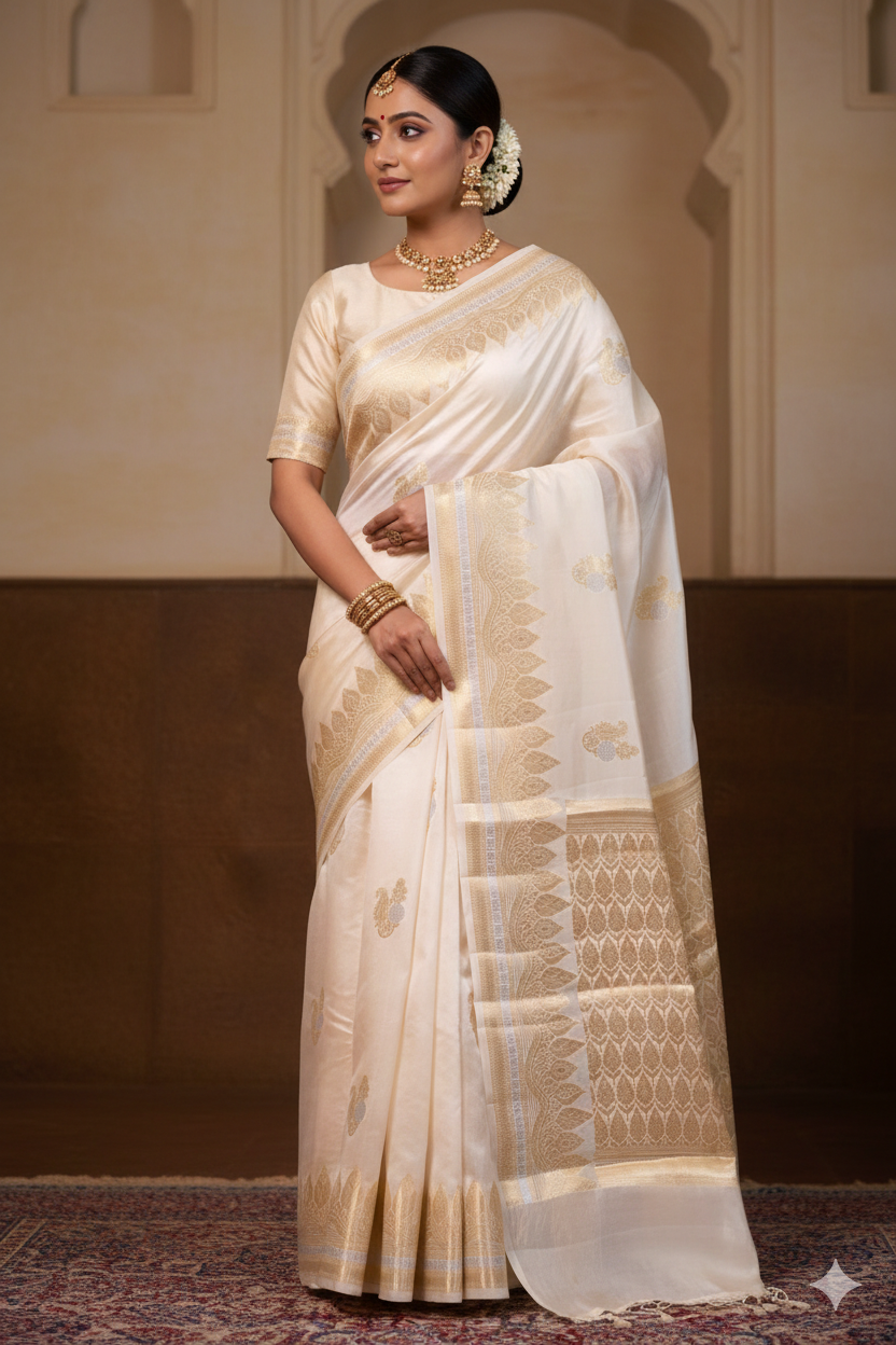 Woman in a white saree with gold patterns standing against a neutral background