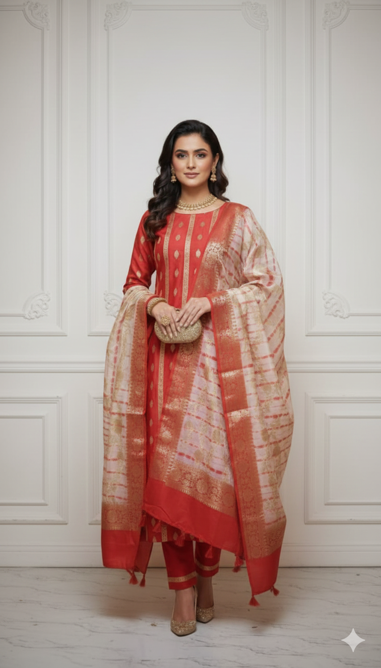 Woman wearing a red and beige traditional outfit against a white wall.