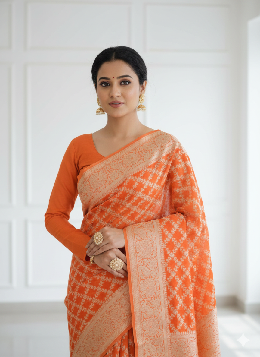 Woman wearing an orange saree with a white background