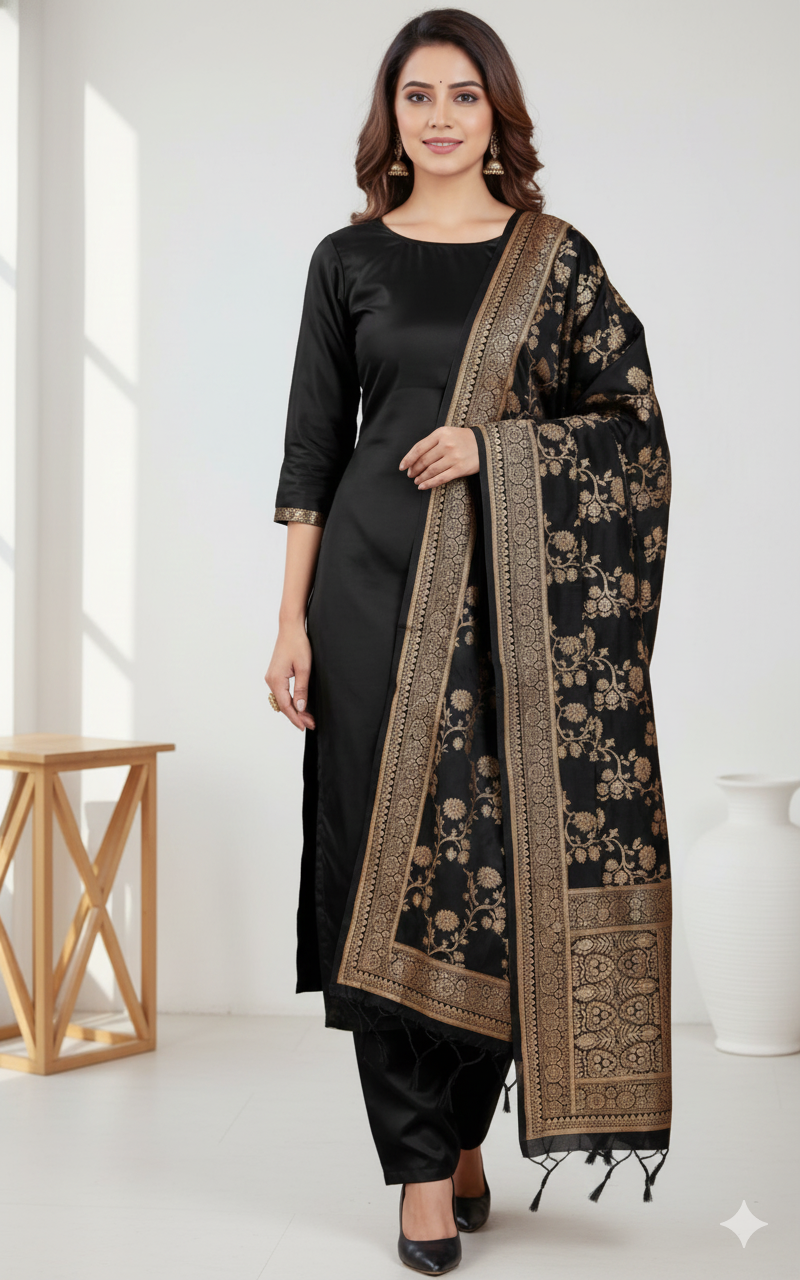 Woman wearing a black traditional outfit with a patterned dupatta in a minimalistic setting