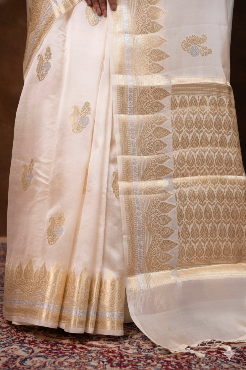 White saree with gold and blue patterns on a textured surface