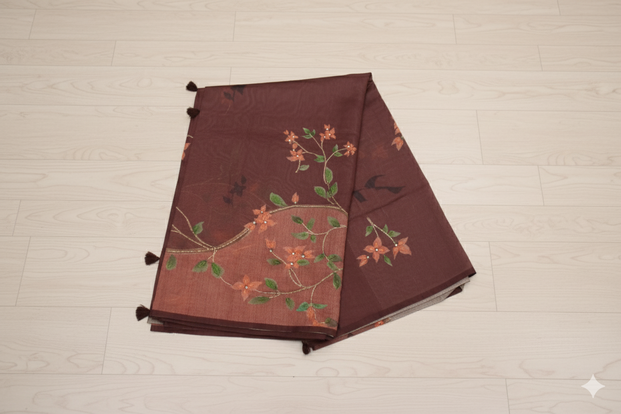 Brown fabric with floral embroidery on a light wooden floor