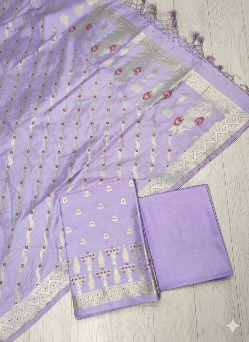 Purple fabric with floral patterns on a wooden surface