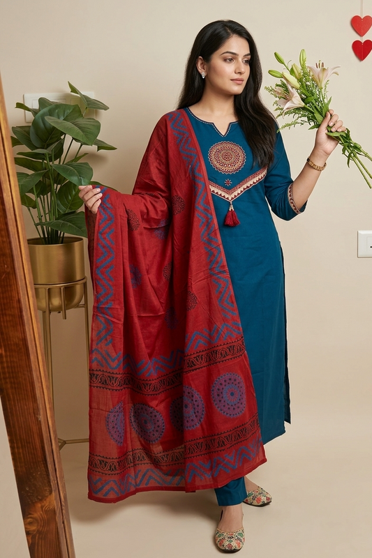 Cotton Suit Set with Kantha Work, Malmal Dupatta