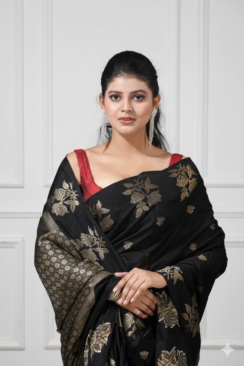 Woman wearing a black saree with gold patterns against a white paneled wall