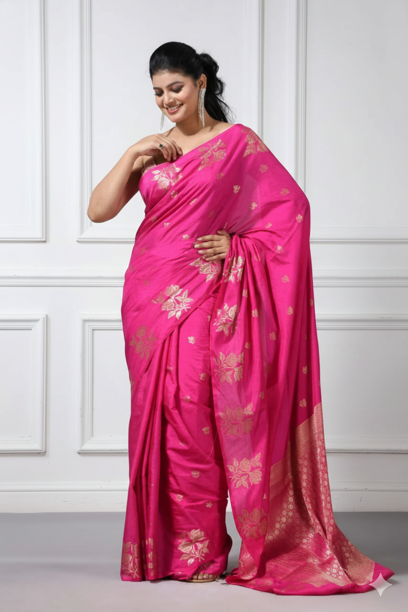 Woman wearing a bright pink saree with gold patterns against a white wall.