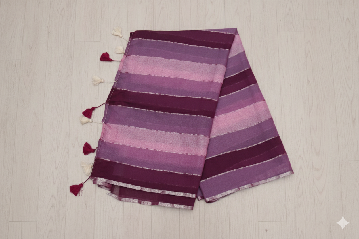 Purple striped saree with tassels on a light wooden surface