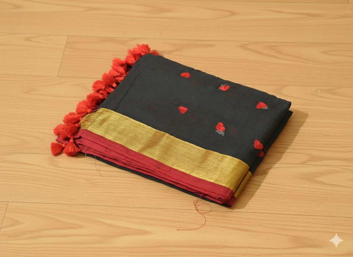 Folded black fabric with red and gold accents on a wooden surface
