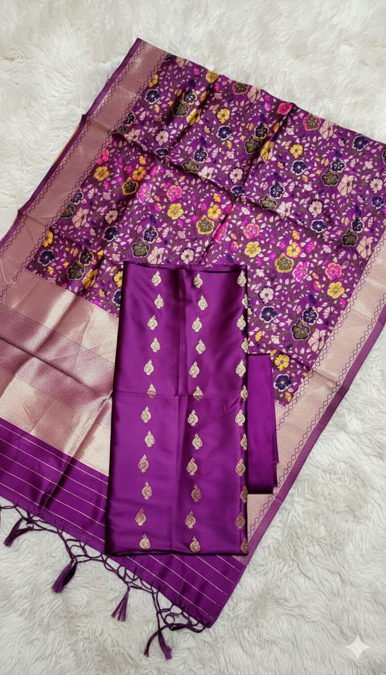 Purple saree with floral patterns on a light background