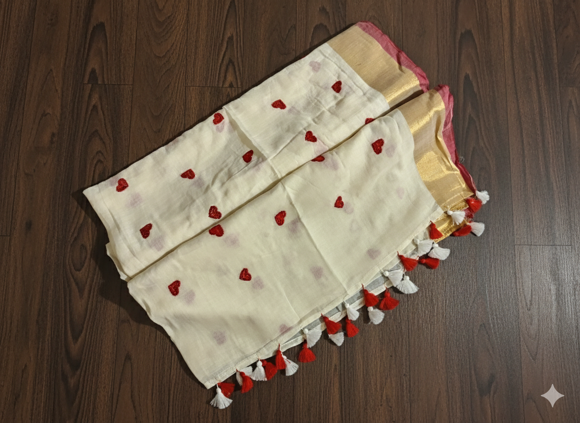 Decorative fabric with red heart patterns and tassels on a wooden surface