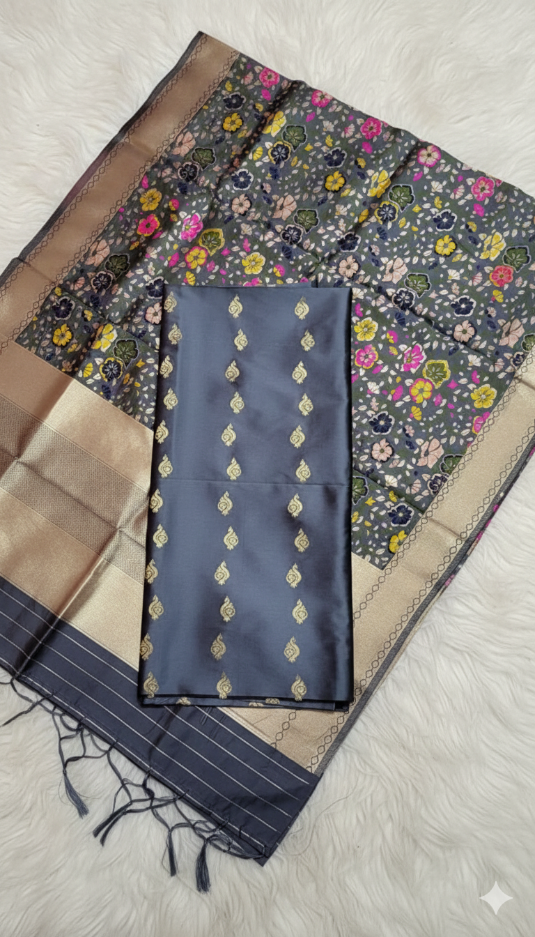 Two scarves, one with floral pattern and the other with geometric design, on a light wooden surface.