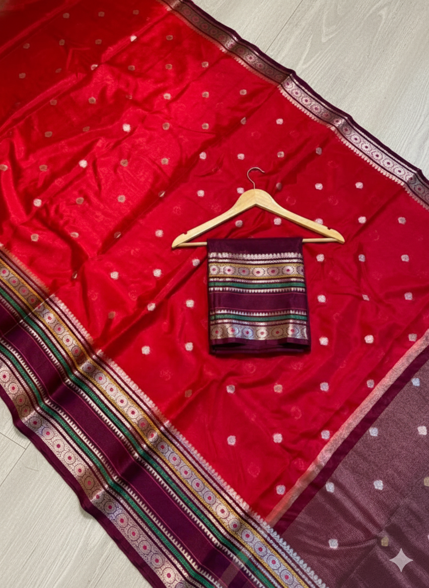Red saree with white polka dots and a hanger with a colorful fabric on a wooden floor.