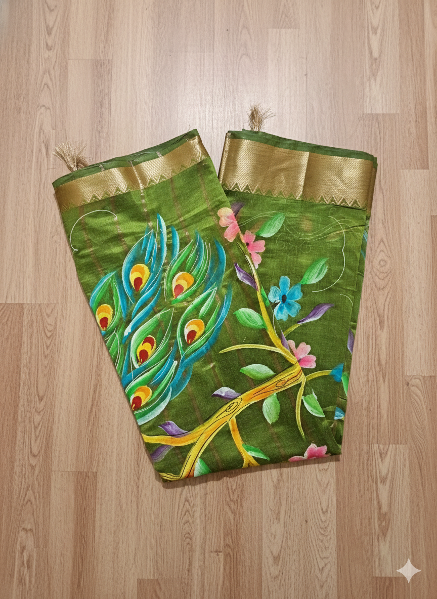 Green fabric with peacock design on a wooden surface