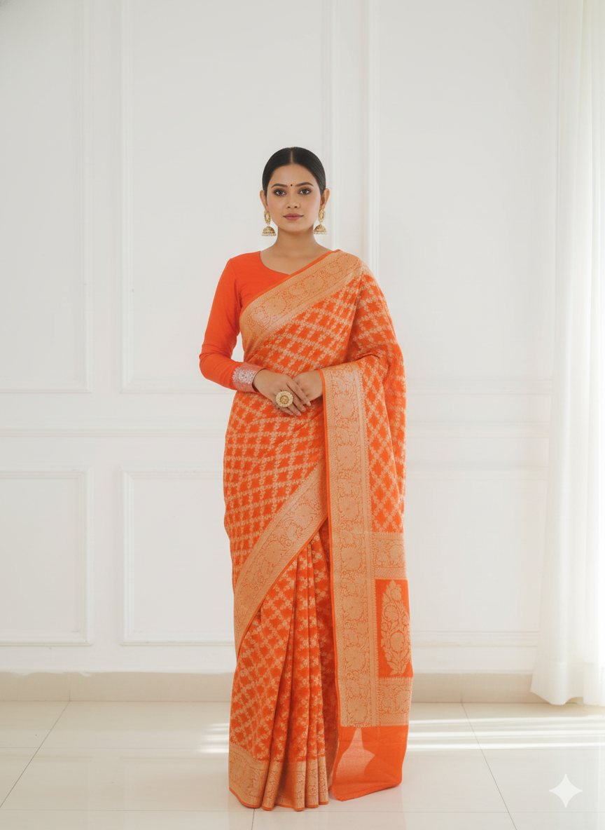 Woman wearing an orange saree with a white background