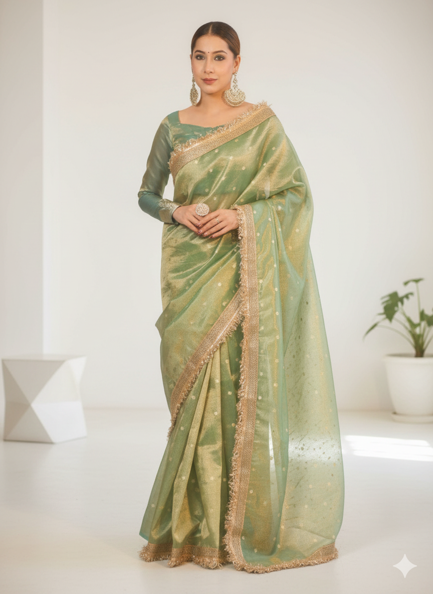 Woman wearing a green saree with a white background