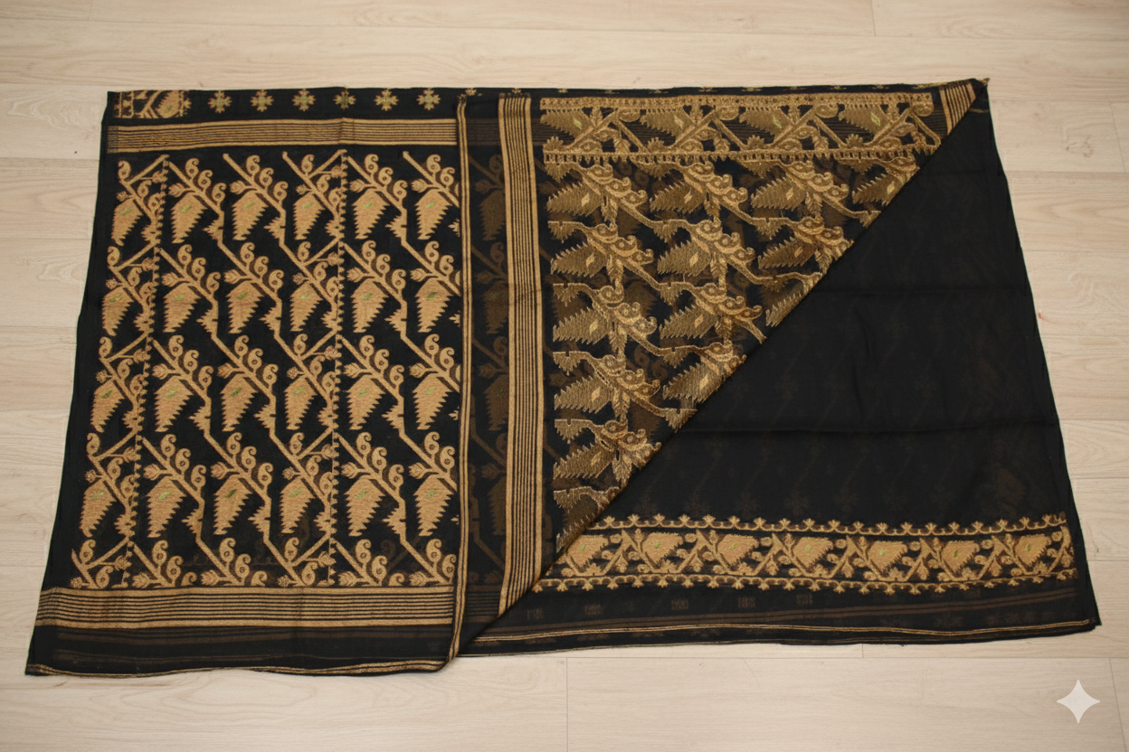 Black and gold patterned fabric on a wooden surface