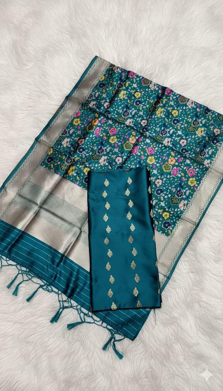 Teal saree with floral patterns on a white background