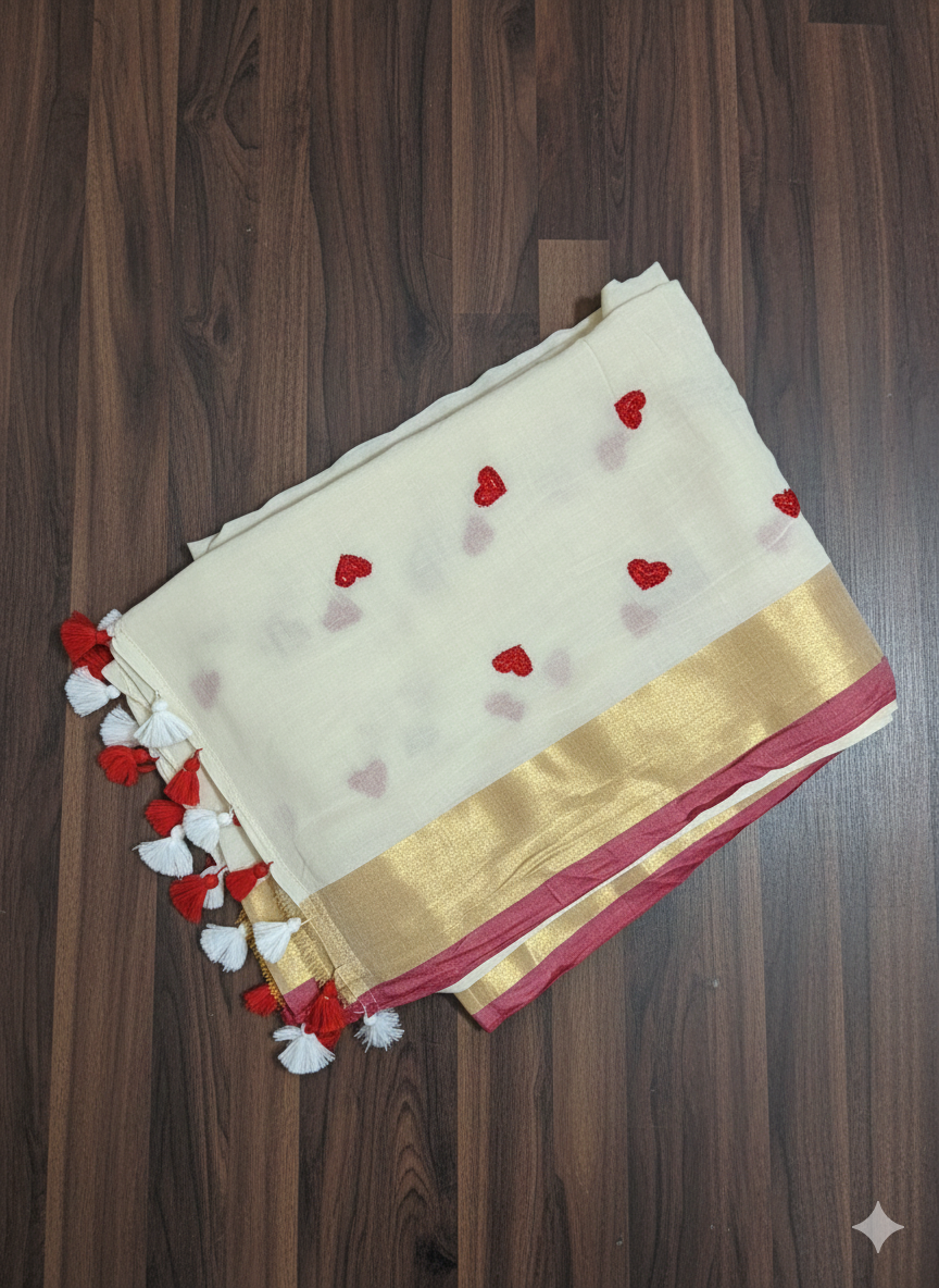 White saree with red and gold accents on a wooden surface