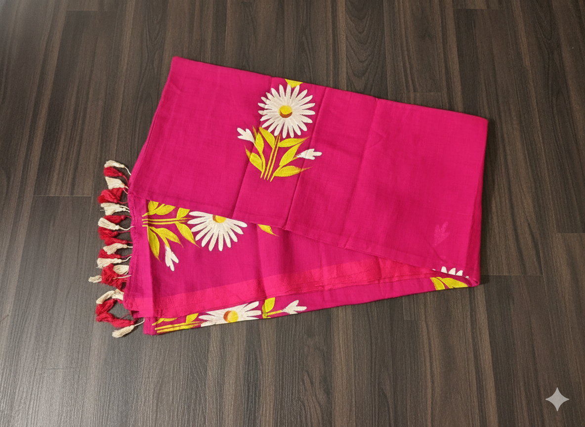Pink fabric with floral patterns on a wooden surface