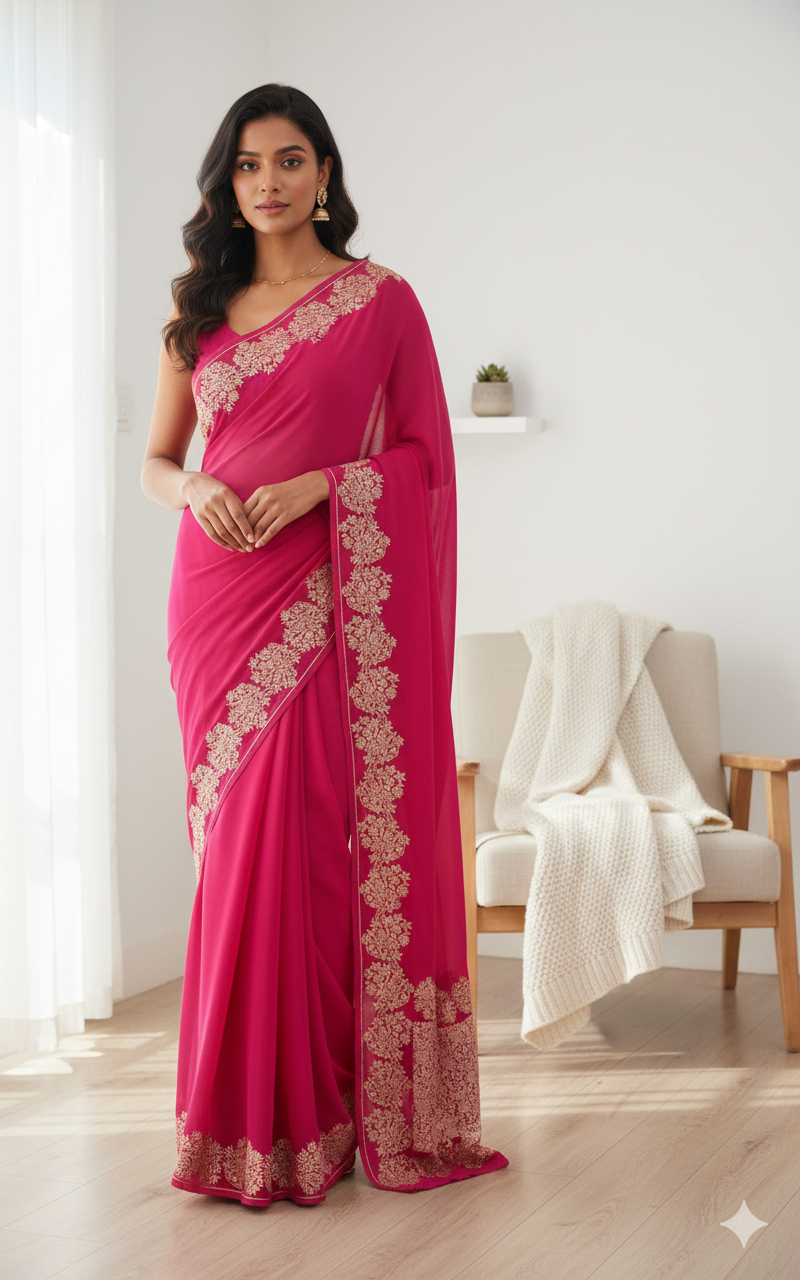 Woman wearing a pink saree with gold embroidery in a minimalistic room.