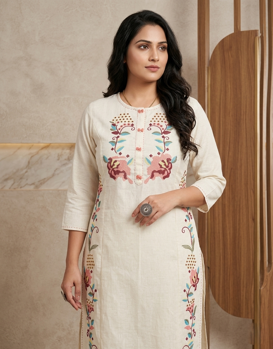 Cotton Kurti Pant Set with Heavy Embroidery | Elegant Straight Kurta Set | Samkri House