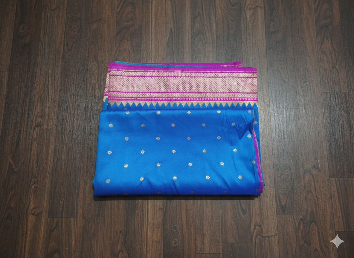 Royal Blue Paithani Saree with Pink Border | Traditional Maharashtrian Paithani Online